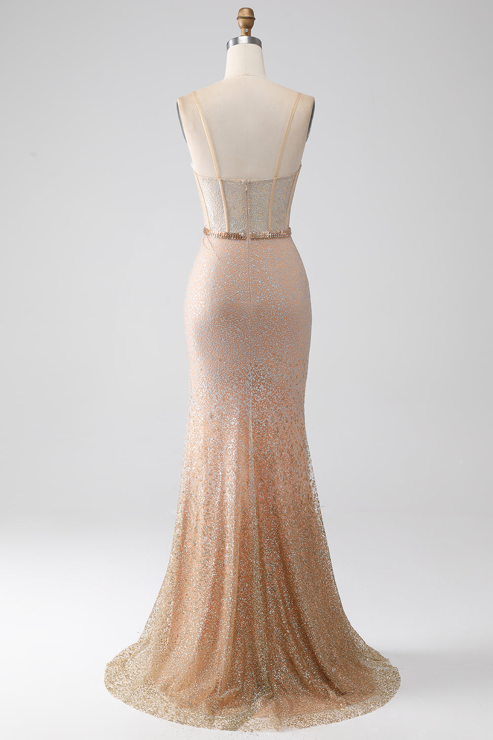 Luolandi Sparkly Champagne Mermaid Spaghetti Straps Long Corset Prom Dress with Slit Evening Dresses